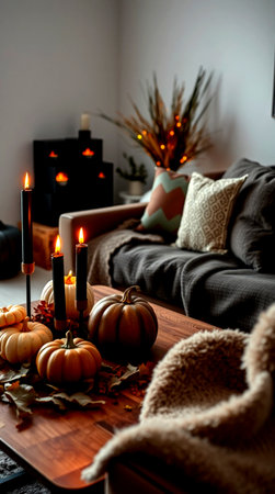 holidaysration and home concept - close up of pumpkins at homeの写真素材