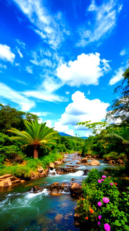 Waterfall in the tropical forest with blue sky and white clouds.