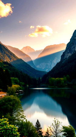Beautiful view of the alpine lake in the Alps at sunsetの写真素材