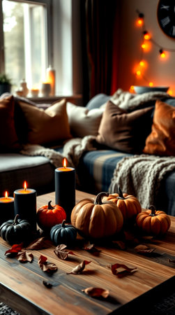 Halloween pumpkins and candles on wooden table in cozy living roomの写真素材
