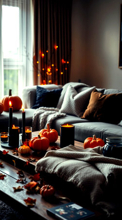 Halloween decoration with candles and pumpkins on table in living roomの写真素材