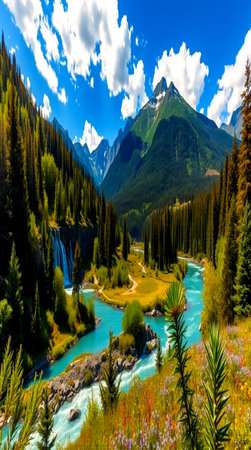 Beautiful alpine landscape with turquoise river and high mountains
