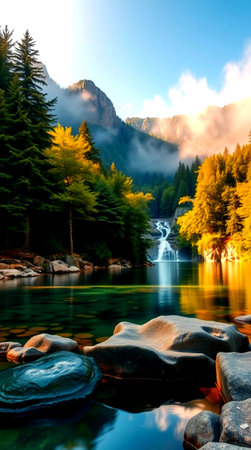 Autumn landscape with a waterfall in the mountains. The concept of active and photo tourism