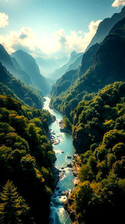Mountain landscape with river. Beautiful view of the mountain river.の写真素材