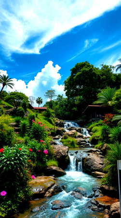 Waterfall in the garden. Beautiful landscape in the tropics.