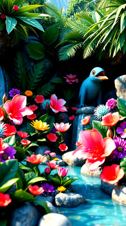 Tropical garden with flowers and birds, Thailand. Selective focus.の写真素材