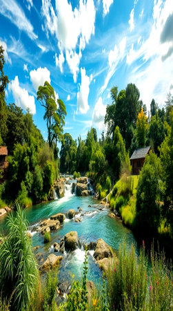 Waterfall in the forest in summer. The concept of ecological tourismの写真素材
