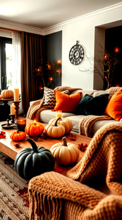 Cozy living room decorated for Halloween with pumpkins, candles and plaid