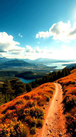 Hiking trail in the mountains with colorful flowers and blue sky.
