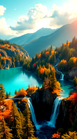 Beautiful autumn landscape of mountain lake and waterfall. Colorful autumn scene in the mountains.