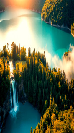 Waterfall in the forest at sunset, New Zealand. Beautiful nature backgroundの写真素材
