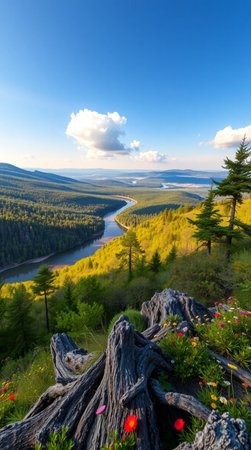 Beautiful summer landscape with the river and mountains in the background.の写真素材