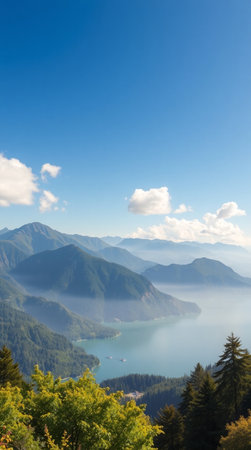 Panoramic view of the lake and mountains in the morning.の写真素材