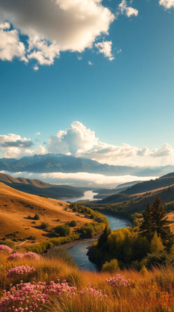 Landscape with mountains, river and clouds in Altai, Russiaの写真素材