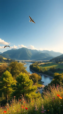 Beautiful summer landscape with river and mountains in the background, Switzerlandの写真素材