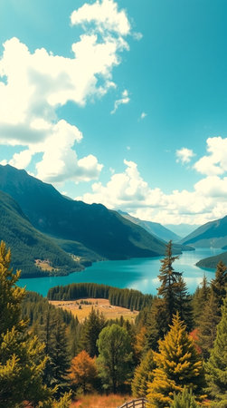 Mountain lake in the mountains. Autumn landscape. Blue sky with clouds.の写真素材