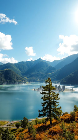 Beautiful lake in New Zealand alps and blue sky with cloudsの写真素材