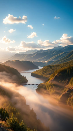 Foggy sunrise over a lake in the mountains. Beautiful summer landscape.の写真素材