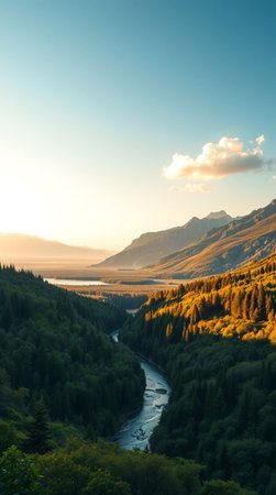 Mountain landscape at sunset. View of the river and mountains.の写真素材