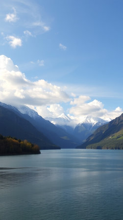 Natural landscape of New Zealand alps and lake in front of blue sky