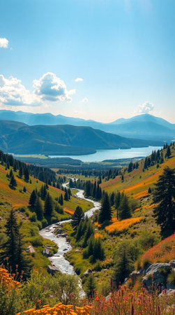 Beautiful alpine landscape with lake and mountains in the background.の写真素材