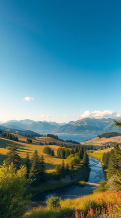 Mountain landscape with a river in the foreground. Beautiful natural background.の写真素材