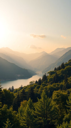 Mountain landscape with lake and forest at sunrise. View from the top.の写真素材