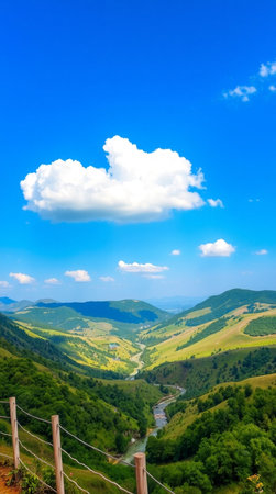 Beautiful mountain landscape with blue sky and clouds. Carpathians, Ukraineの写真素材