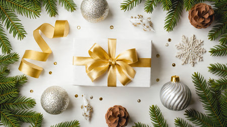 Soft, studio-lit pine frame embellished with golden Christmas accents.の写真素材