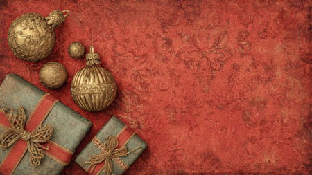 Classic golden star arrangement surrounding red baubles and traditional Christmas gift boxes.の写真素材