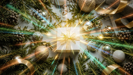 Organic holiday layout with natural ribbon textures and handcrafted ornament details.の写真素材