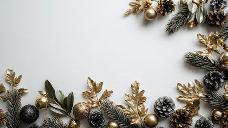 Soft winter floral pine frame illuminated by subtle studio lighting.の写真素材