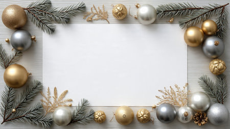 Modern flat lay featuring minimal pine lines and luxurious silver touches.の写真素材