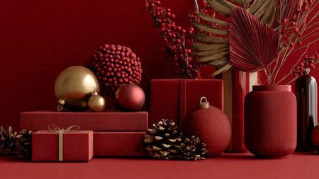 Modern red-and-gold holiday arrangement showcasing minimal dの写真素材