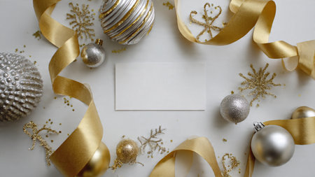 Deep green pine clusters paired with shining silver baubles in a modern Christmas frame.