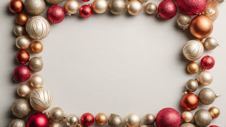 Clean commercial-style frame with Christmas ornaments outlining an empty center space ideal for...