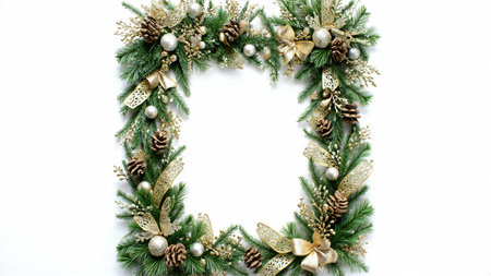 Christmas-themed design with thick pine foliage forming elegant side borders.