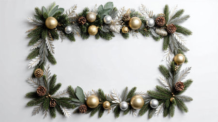 Stylish Christmas frame using evergreen textures and balanced metallic highlights.