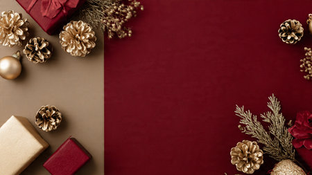 Top-view matte red layout with shimmering snowflake details and refined gifts.の写真素材