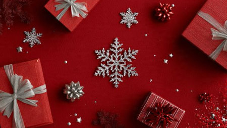 Minimal red-and-gold holiday layout showcasing smooth lines and refined decorative accents.