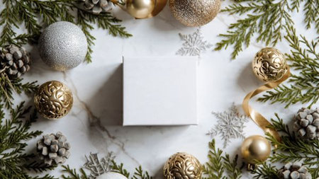 Clean studio-style holiday layout with floating decorations and empty center space for product placement.の写真素材