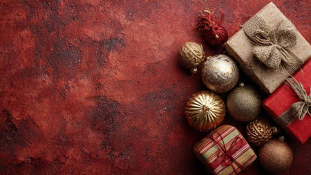 Golden stars and red ornaments arranged around classic holiday gift boxes in a warm frame.