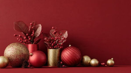Modern red-and-gold holiday layout featuring balanced simplicity and contemporary charm.の写真素材