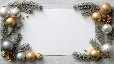 Crisp holiday mockup with pine borders and sparkling gold ornaments.