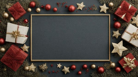 Elegant festive flat-lay using matte red tones and sparkly snowflake ornaments.