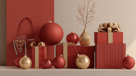 Modern red-and-gold minimal holiday aesthetic with refined simplicity.