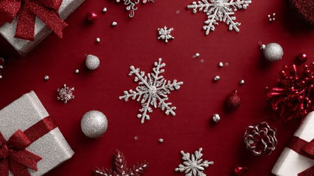 Balanced Christmas frame created with evenly arranged ornaments around a clear center.