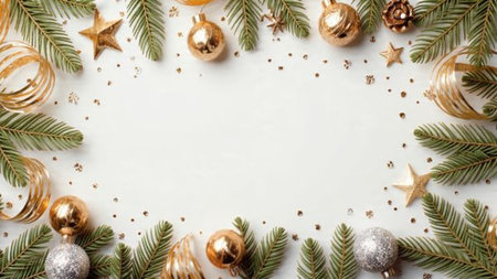 Bright Christmas frame combining pine textures and ribbon curls.の写真素材