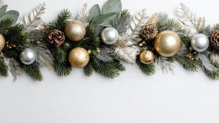 Clean pine-and-gold border perfect for elegant Christmas compositions.