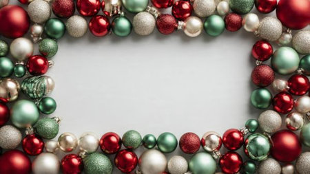 Overhead Christmas mockup displaying a matte red surface with glittering snowflakes and upscale gift boxes.の写真素材